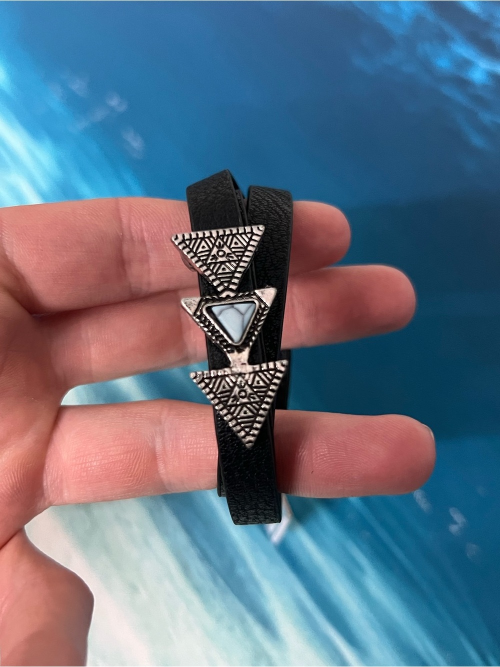 🎁Black Leather Wrap Bracelet with Silver Triangle Accents and Light Blue Stone
